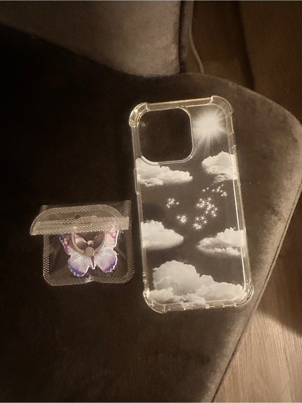 Clear Cloud Pattern iPhone 14 pro Case with Purple Butterfly Ring Holder